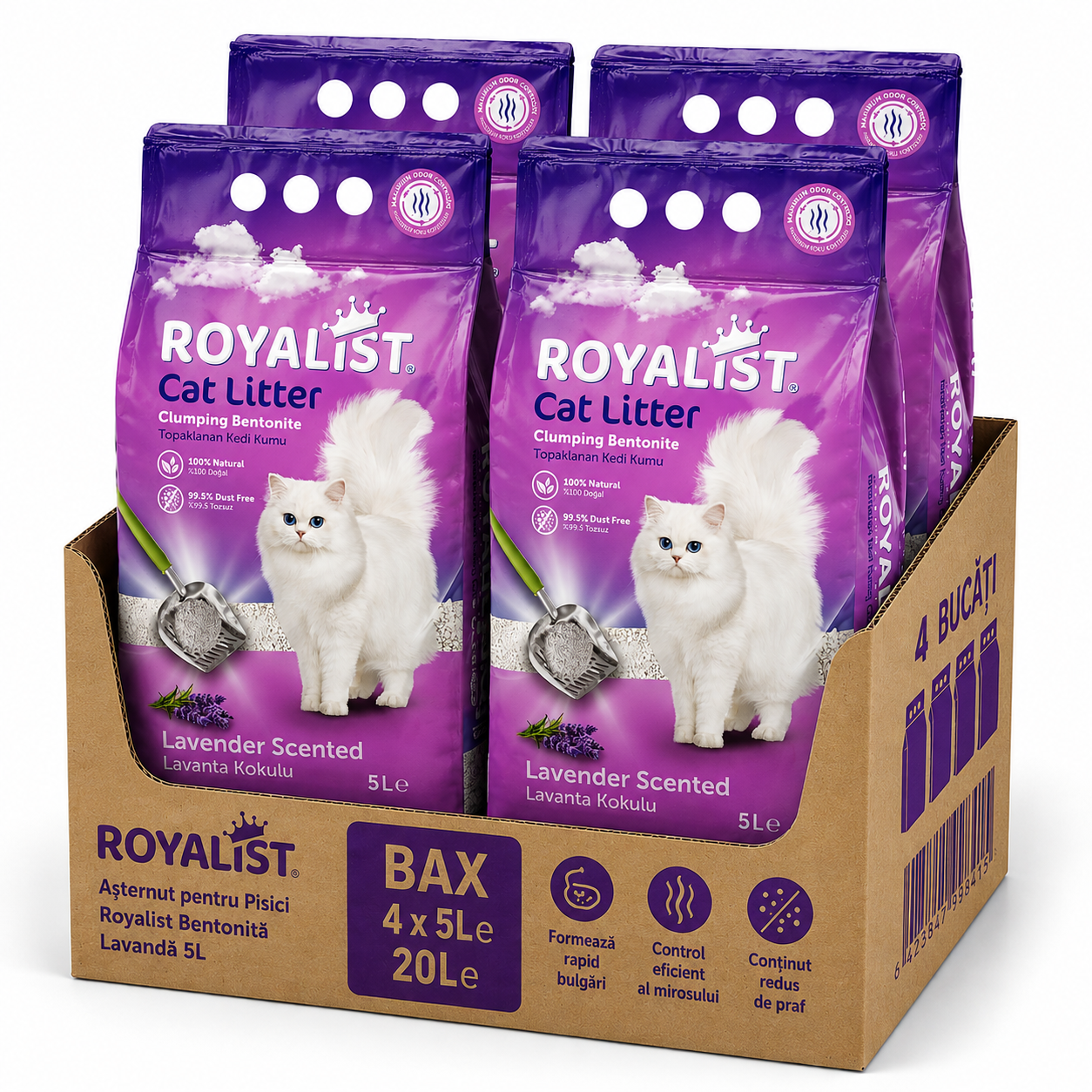 Așternut pentru Pisici Royalist Bentonită Lavandă 5L - 4 Bucati Bax