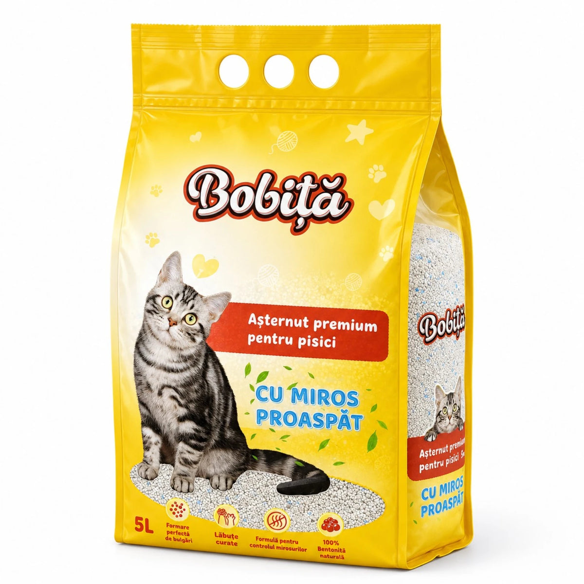 Bobiță așternut premium din bentonită pentru pisici, 5 L