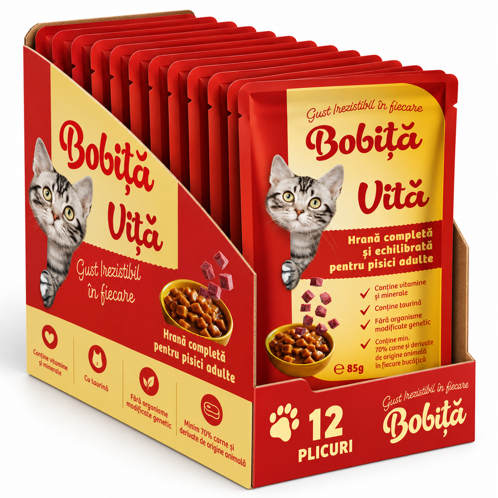 Bobita Hrana Umeda Pisici cu Carne de Vita 85g – Nutriție Completă 12 bucăți