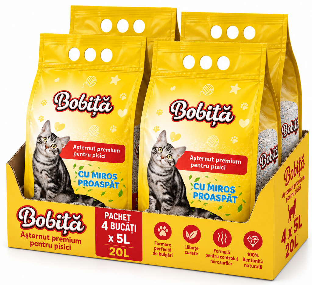 Bobiță așternut premium din bentonită pentru pisici, 5 L - 4 bucăți