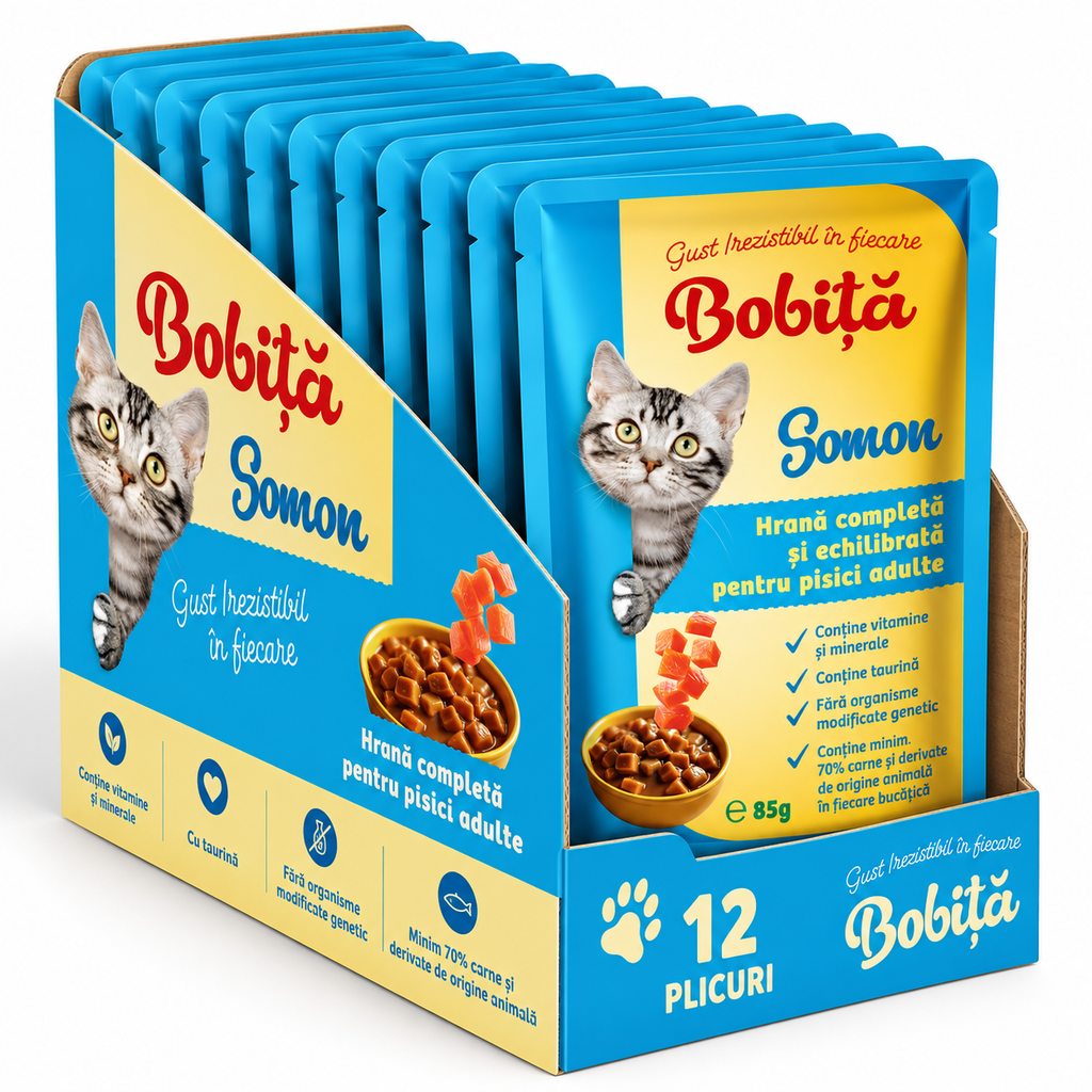 Bobita Hrana Umeda Pisici cu Carne de Somon 85g - Nutriție Completă 12 bucăți