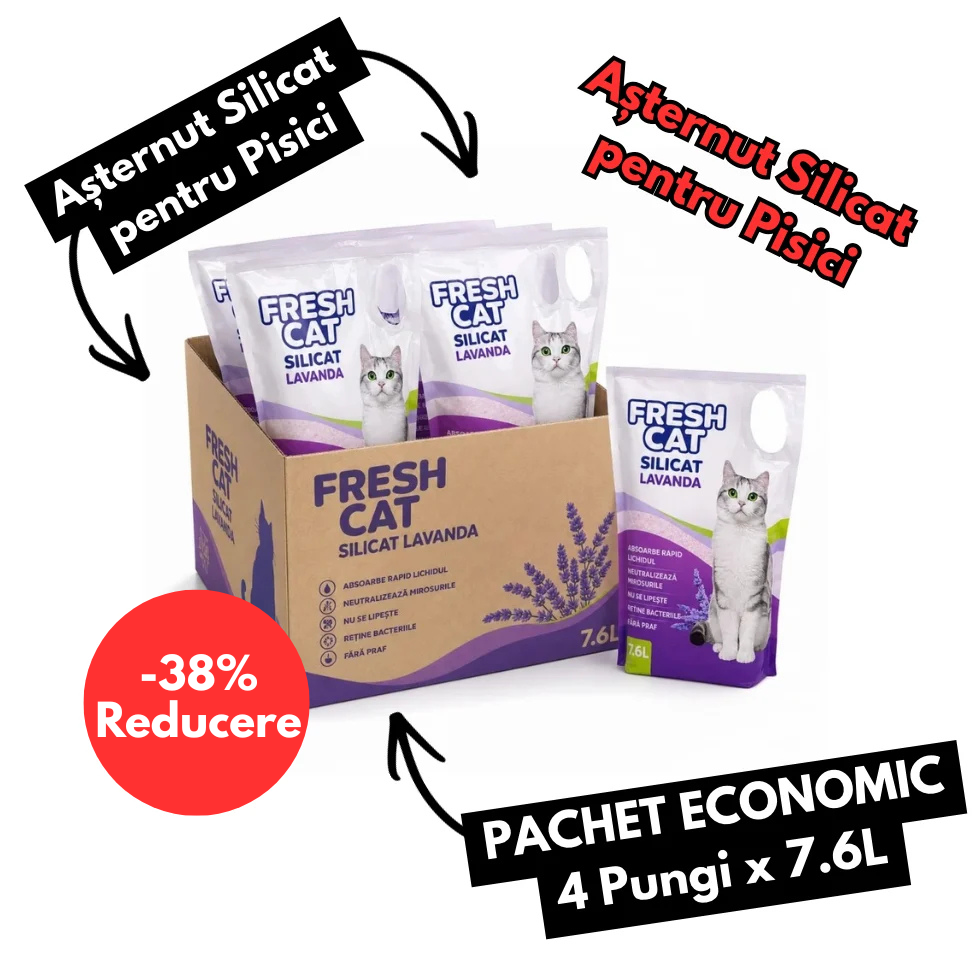 Nisip Silicat pentru Pisici FreshCat Lavanda 7.6L - Pachet Economic 4