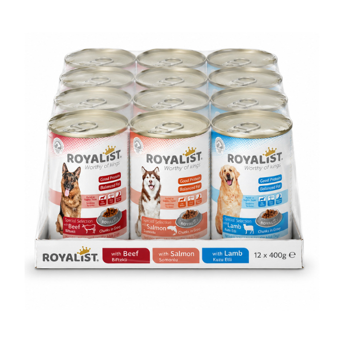 Royalist , Hrana umeda premium, conserve pentru caine adult, 12 buc x 400g (4 buc x Vita, 4 buc x Somon, 4 buc x Miel)