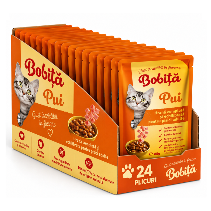 Bobita Hrana Umeda Pisici cu Carne de Pui 85g – Gust și Sănătate 24 bucăți