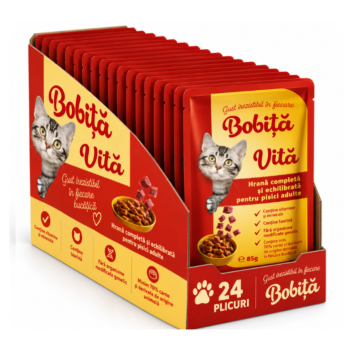 Bobita Hrana Umeda Pisici cu Carne de Vita 85g – Nutriție Completă 24 bucăți