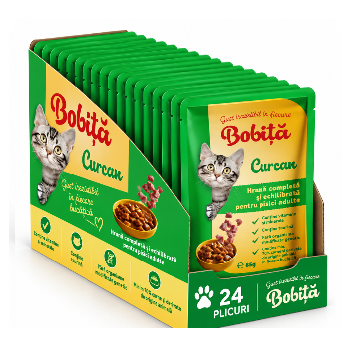 Bobita Hrana Umeda Pisici Carne de Curcan 85g – Gust și Sănătate 24 bucăți