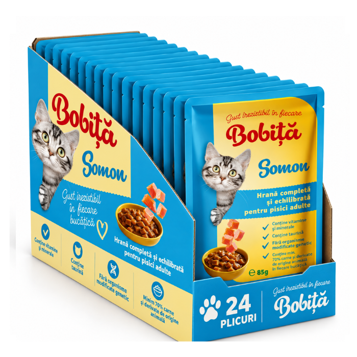 Bobita Hrana Umeda Pisici cu Carne de Somon 85g - Nutriție Completă 24 bucăți
