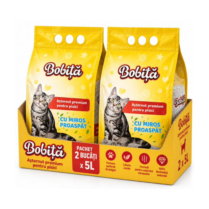 Bobiță așternut premium din bentonită pentru pisici, 5 L - 2 bucăți
